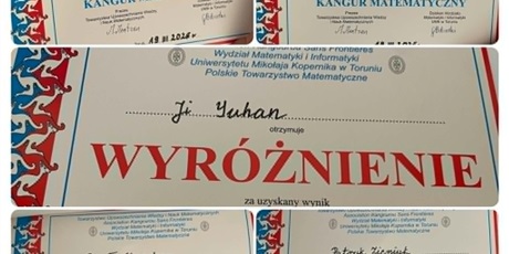 Powiększ grafikę: Kolaż zdjęć z napisem WYRÓŻNIENIE za uzyskany wynik w Międzynarodowym Konkursie KANGUR MATEMATYCZNY Dziekan Wydziału Matematyki i Informatyki