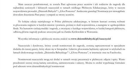 Powiększ grafikę: List gratulacyjny z nominacją Pani Ilony Polakowskiej do Plebiscytu Edukacyjnego Dziennika Bałtyckiego