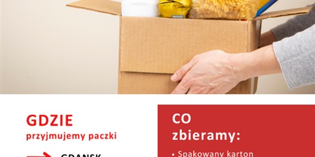 Powiększ grafikę: na zdjęciu otwarty karton, z którego wystają produkty oraz informacja na temat tego, co zbieramy